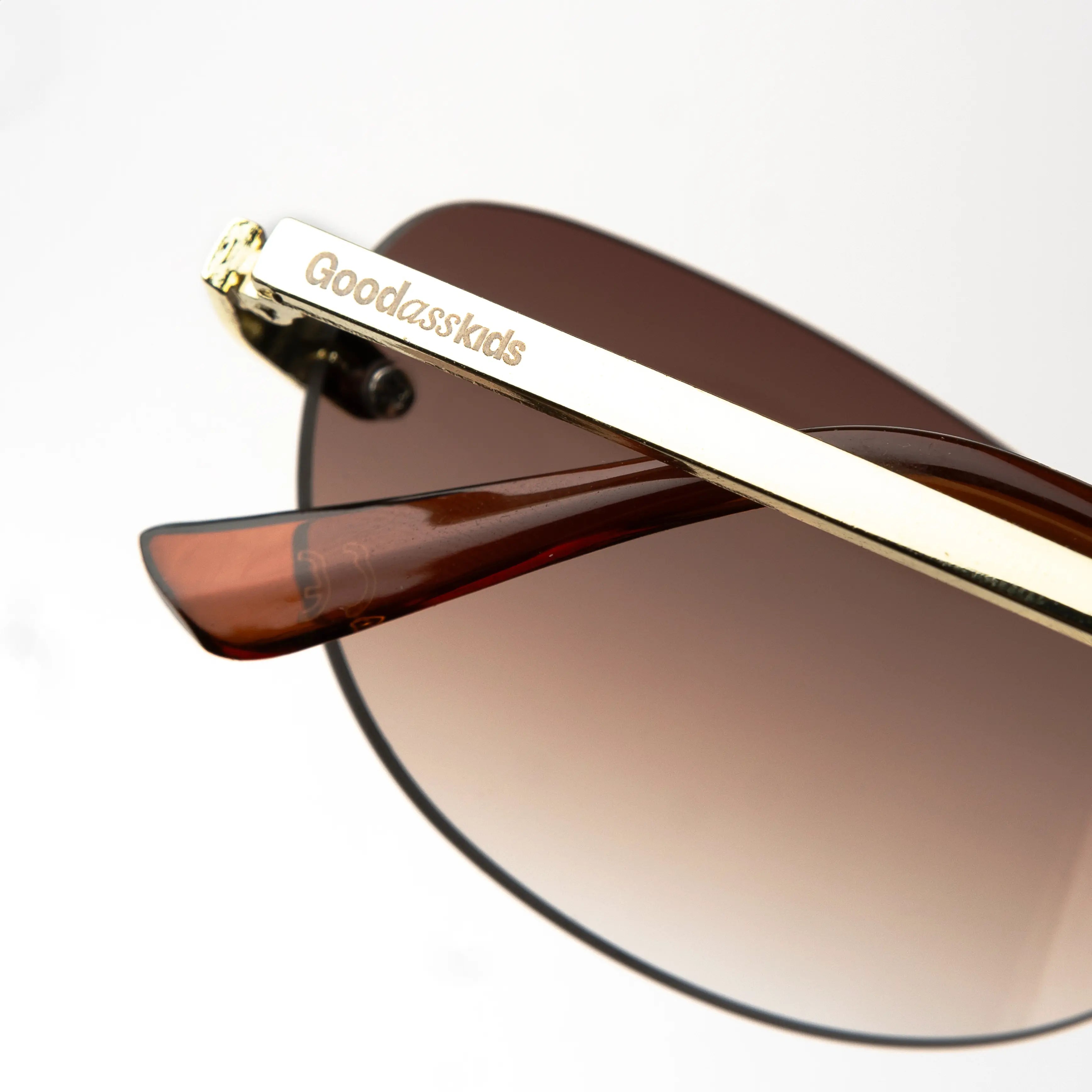 Desire Sugar Brown Sunglasses with a close-up of the hinge detail, brown lens and gold accent.