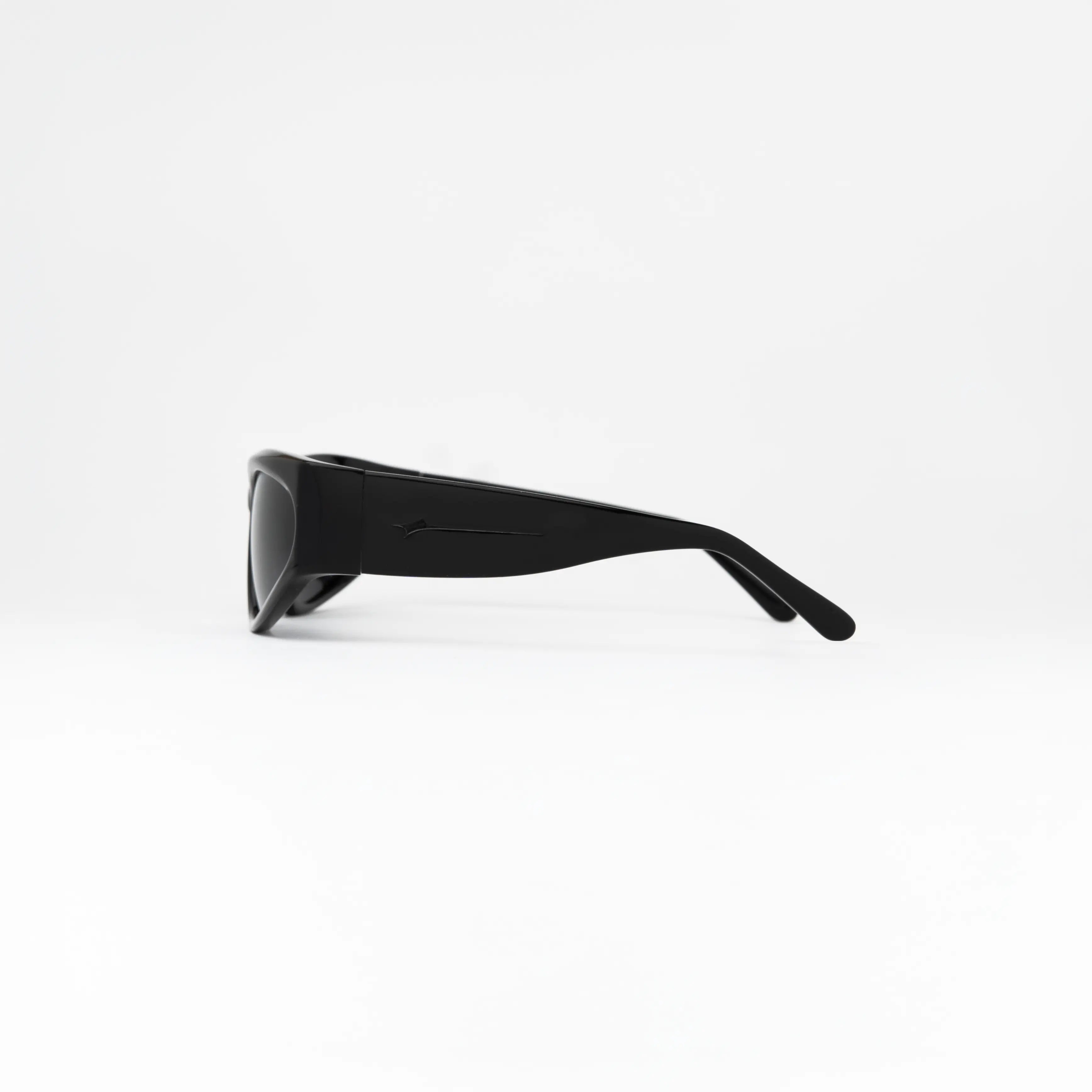 Side view of Icon Black Sunglasses showcasing the slim black temple and comfortable fit.