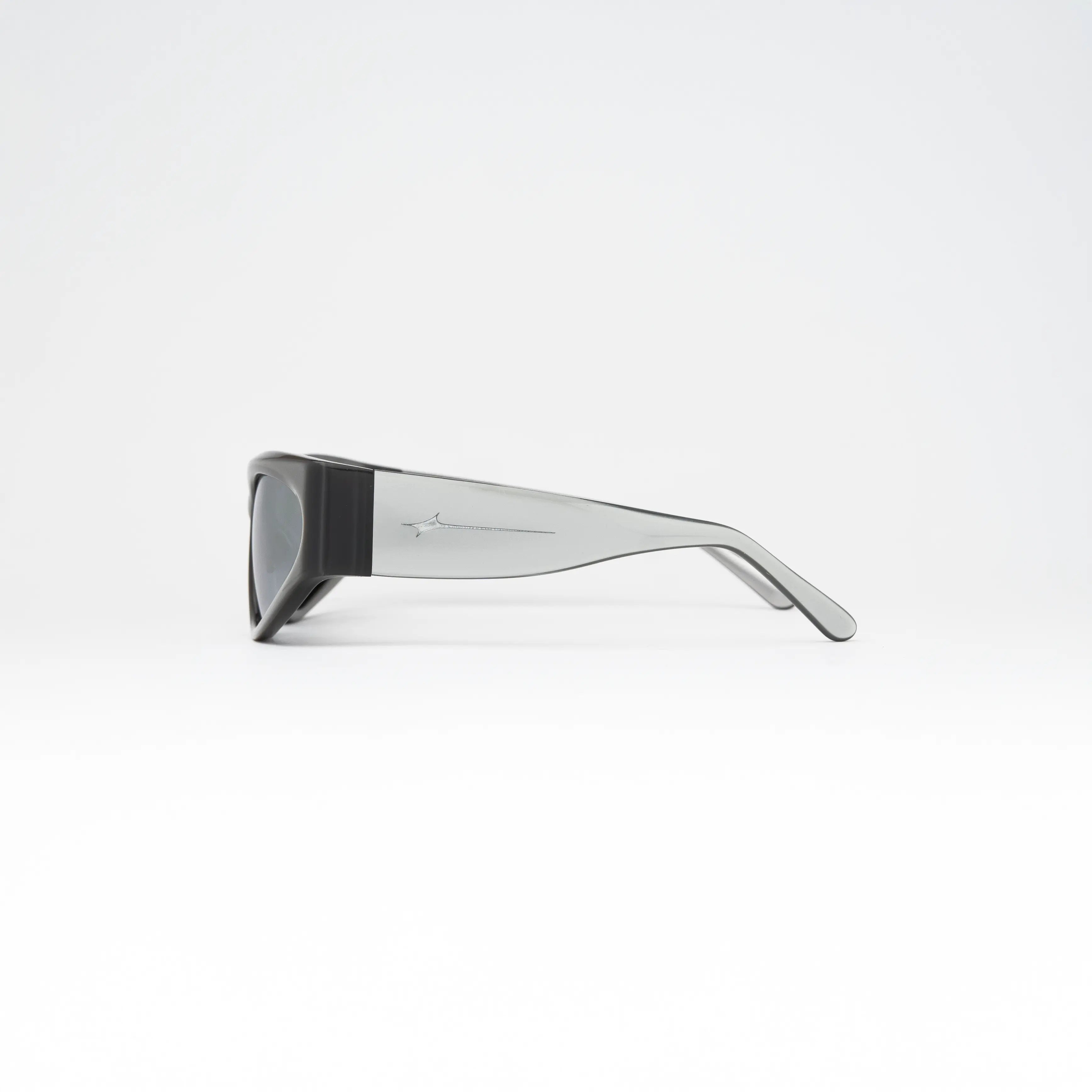 Side view of Icon Silver Sunglasses showcasing the slim silver temple and comfortable fit.