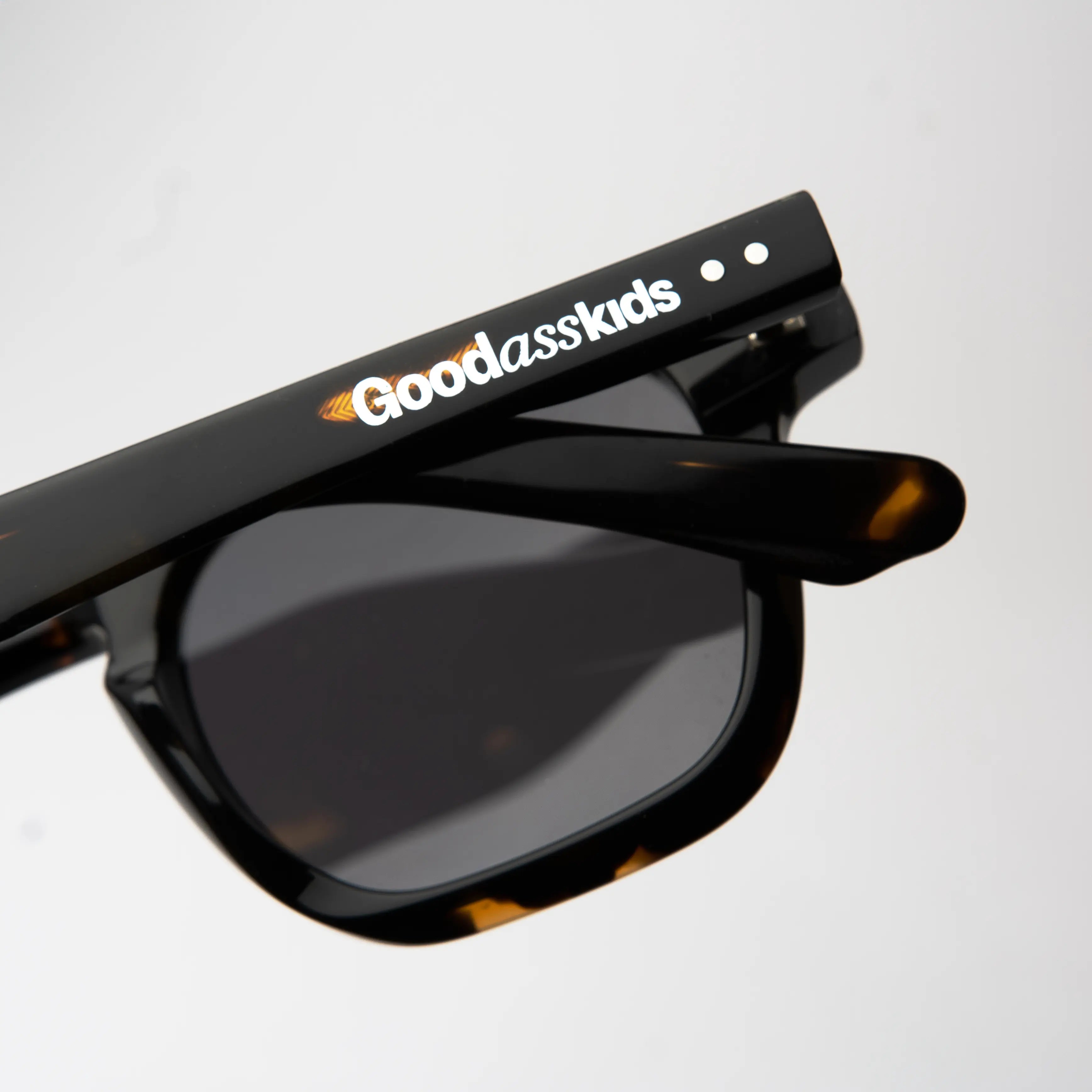 Outlaw Carey Sunglasses showing the temple logo detail on the tortoiseshell frame with smoke lens.